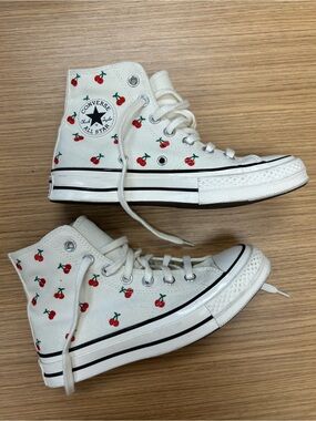 Converse Women’s White Canvas High Top Sneakers with Red Cherry Print